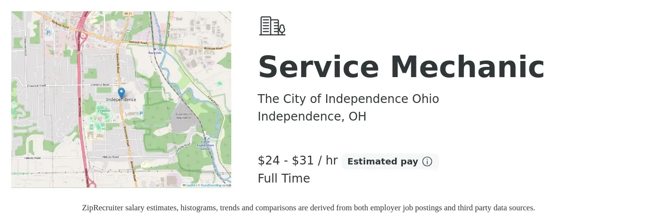The City of Independence Ohio job posting for a Service Mechanic in Independence, OH with a salary of $25 to $32 Hourly with a map of Independence location.