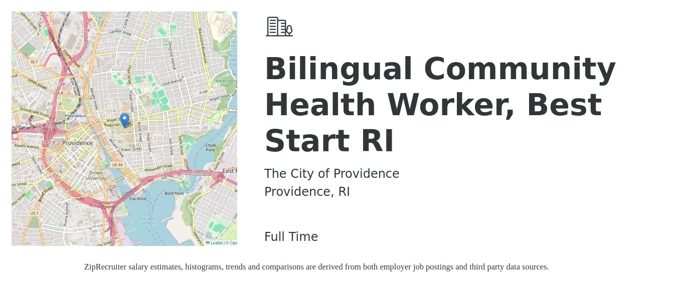 The City of Providence job posting for a Bilingual Community Health Worker, Best Start RI in Providence, RI with a salary of $19 to $25 Hourly with a map of Providence location.