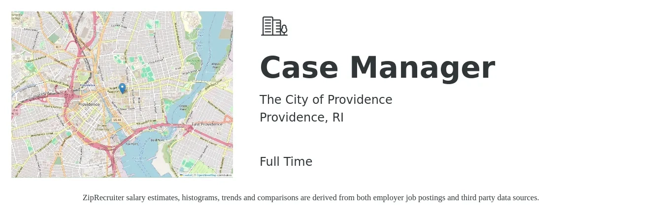 The City of Providence job posting for a Case Manager in Providence, RI with a salary of $20 to $26 Hourly with a map of Providence location.