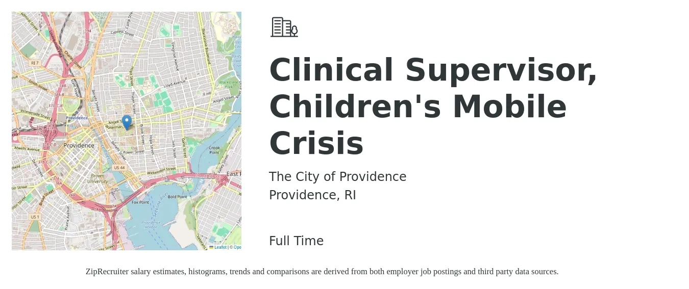 The City of Providence job posting for a Clinical Supervisor, Children's Mobile Crisis in Providence, RI with a salary of $64,700 to $89,400 Yearly with a map of Providence location.