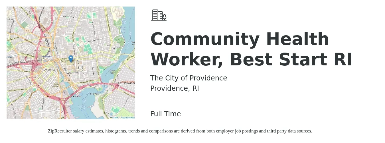 The City of Providence job posting for a Community Health Worker, Best Start RI in Providence, RI with a salary of $19 to $25 Hourly with a map of Providence location.