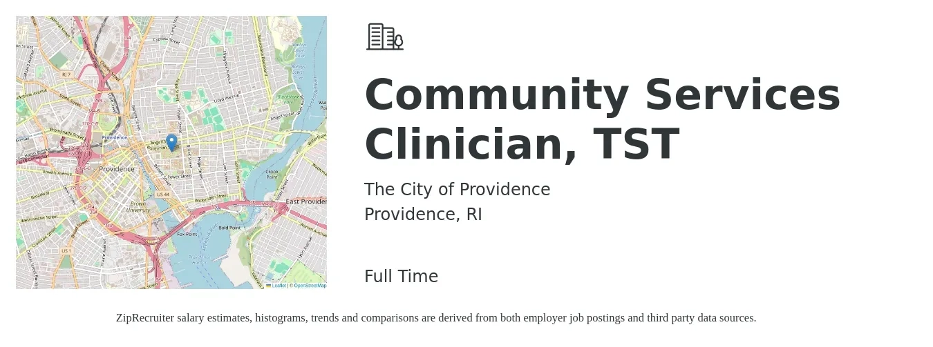 The City of Providence job posting for a Community Services Clinician, TST in Providence, RI with a salary of $55,100 to $72,700 Yearly with a map of Providence location.