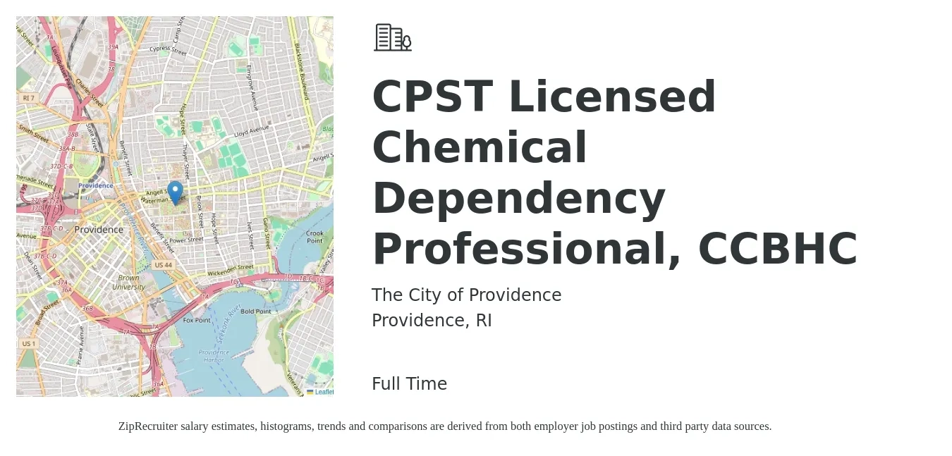 The City of Providence job posting for a CPST Licensed Chemical Dependency Professional, CCBHC in Providence, RI with a salary of $24 to $29 Hourly with a map of Providence location.