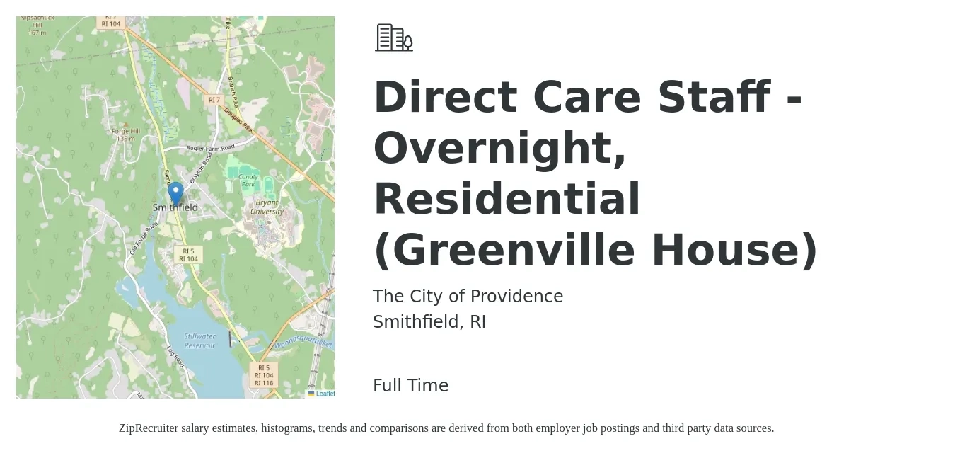 The City of Providence job posting for a Direct Care Staff - Overnight, Residential (Greenville House) in Smithfield, RI with a salary of $16 to $20 Hourly with a map of Smithfield location.
