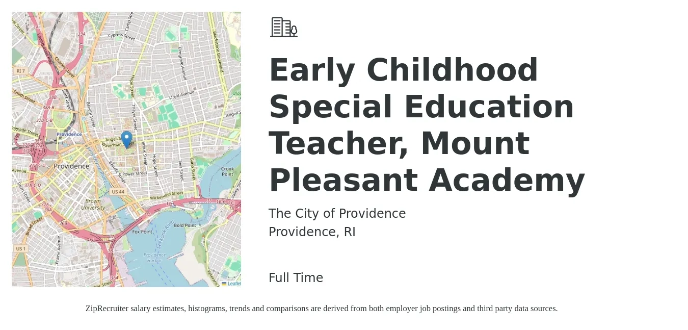 The City of Providence job posting for a Early Childhood Special Education Teacher, Mount Pleasant Academy in Providence, RI with a salary of $40,400 to $63,600 Yearly with a map of Providence location.