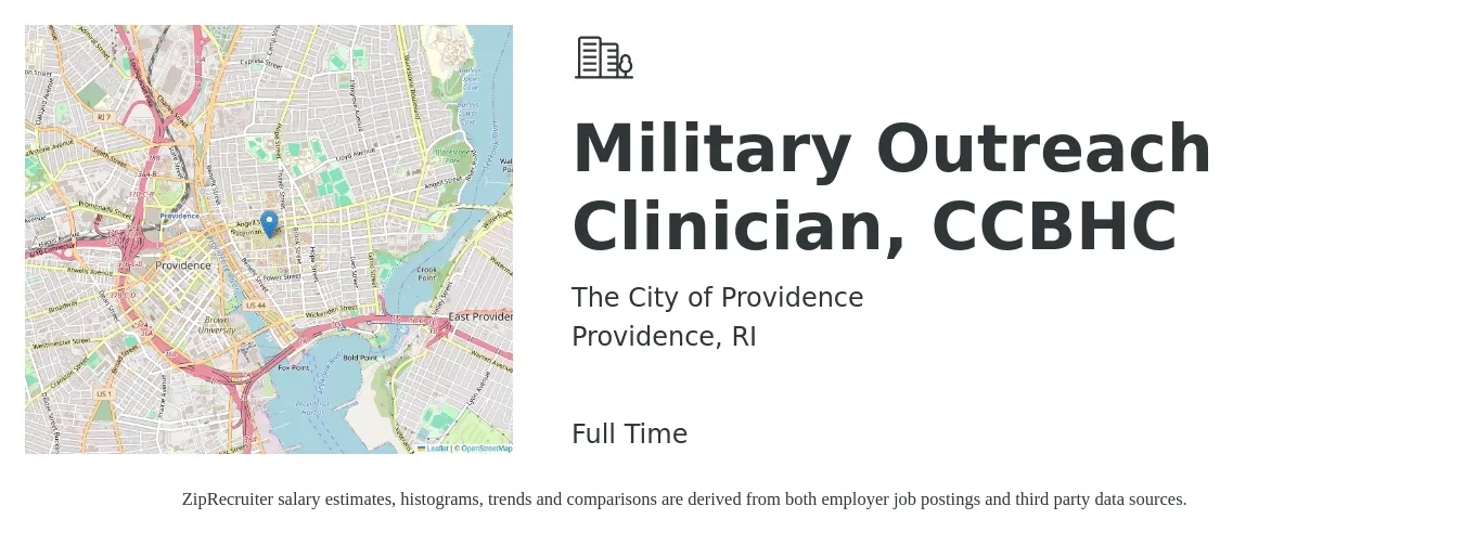 The City of Providence job posting for a Military Outreach Clinician, CCBHC in Providence, RI with a salary of $55,100 to $72,700 Yearly with a map of Providence location.