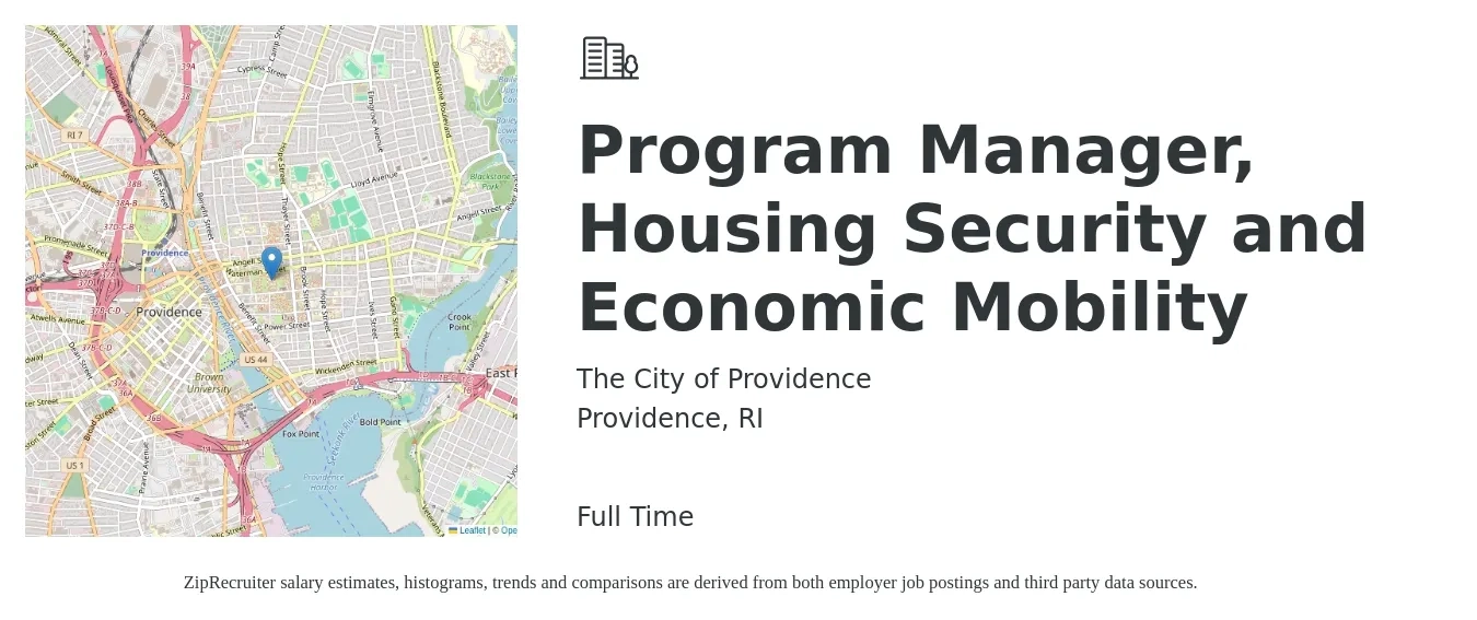The City of Providence job posting for a Program Manager, Housing Security and Economic Mobility in Providence, RI with a salary of $57,600 to $87,400 Yearly with a map of Providence location.