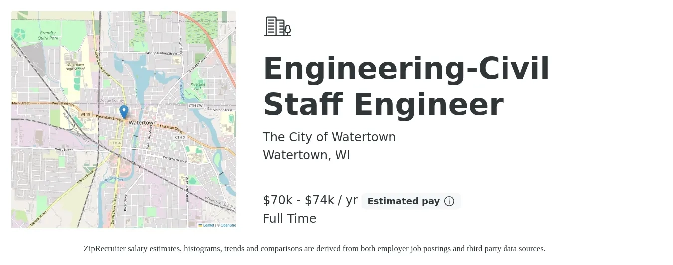 The City of Watertown job posting for a Engineering-Civil Staff Engineer in Watertown, WI with a salary of $70,179 to $74,194 Yearly with a map of Watertown location.