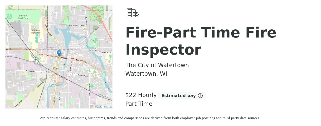 The City of Watertown job posting for a Fire-Part Time Fire Inspector in Watertown, WI with a salary of $24 Hourly with a map of Watertown location.
