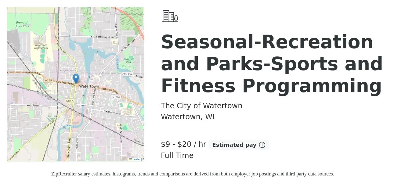 The City of Watertown job posting for a Seasonal-Recreation and Parks-Sports and Fitness Programming in Watertown, WI with a salary of $10 to $21 Hourly with a map of Watertown location.