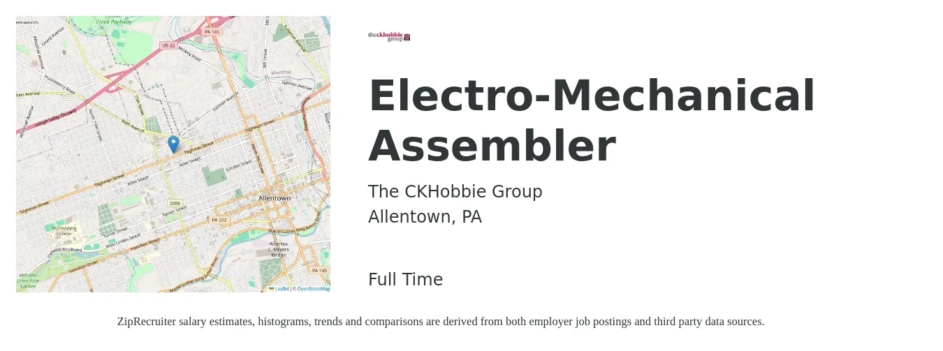 The CKHobbie Group job posting for a Electro-Mechanical Assembler in Allentown, PA with a salary of $18 to $23 Hourly with a map of Allentown location.