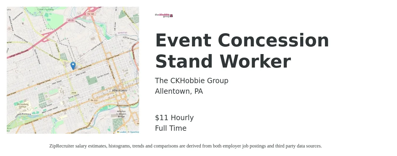 The CKHobbie Group job posting for a Event Concession Stand Worker in Allentown, PA with a salary of $12 Hourly with a map of Allentown location.