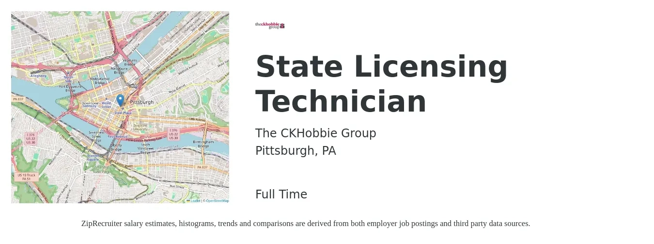 The CKHobbie Group job posting for a State Licensing Technician in Pittsburgh, PA with a salary of $36,400 to $36,900 Yearly with a map of Pittsburgh location.