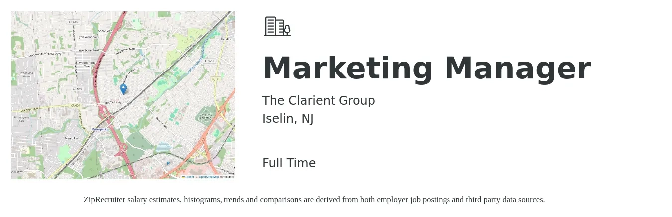 The Clarient Group job posting for a Marketing Manager in Iselin, NJ with a salary of $60,900 to $99,500 Yearly with a map of Iselin location.