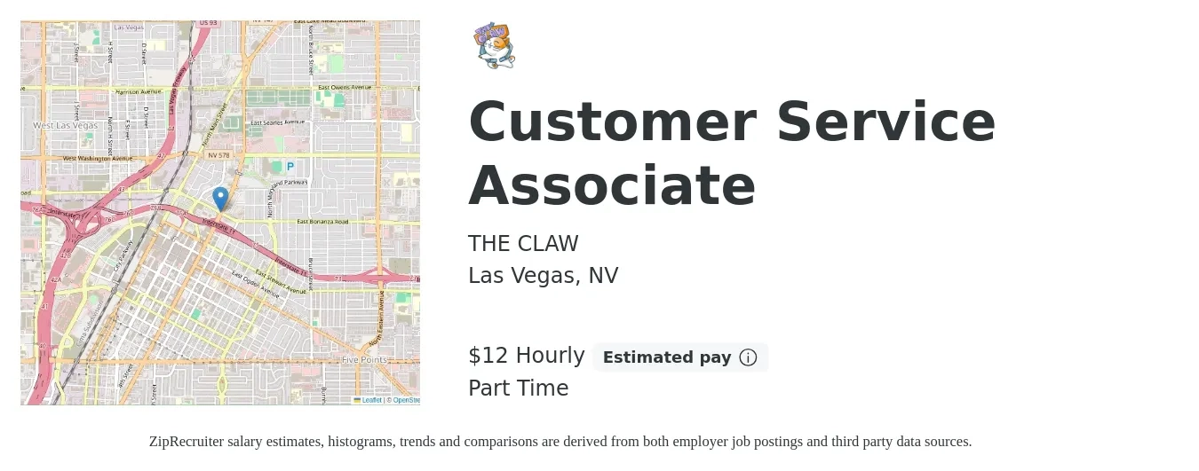 THE CLAW job posting for a Customer Service Associate in Las Vegas, NV with a salary of $13 Hourly with a map of Las Vegas location.