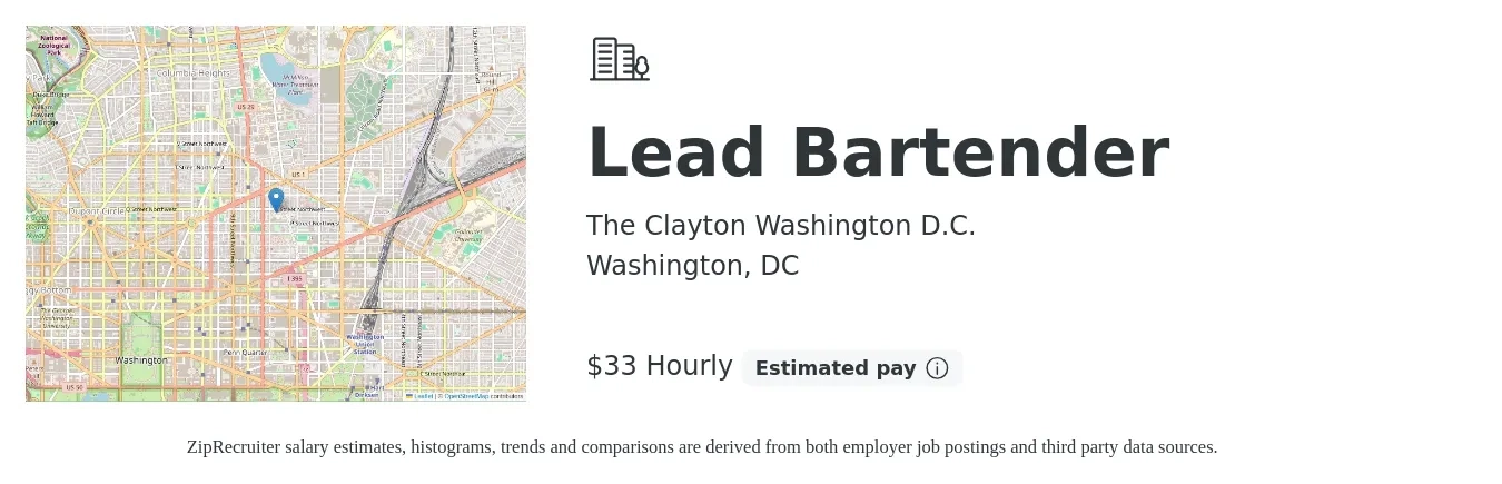The Clayton Washington D.C. job posting for a Lead Bartender in Washington, DC with a salary of $35 Hourly with a map of Washington location.