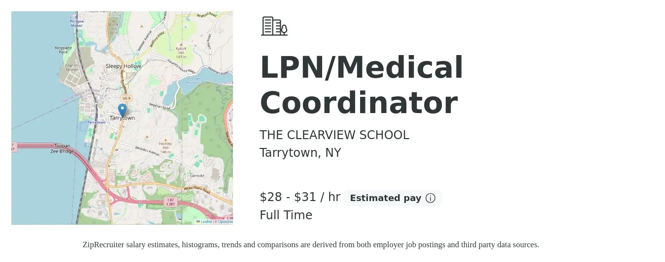 THE CLEARVIEW SCHOOL job posting for a LPN/Medical Coordinator in Tarrytown, NY with a salary of $30 to $33 Hourly with a map of Tarrytown location.