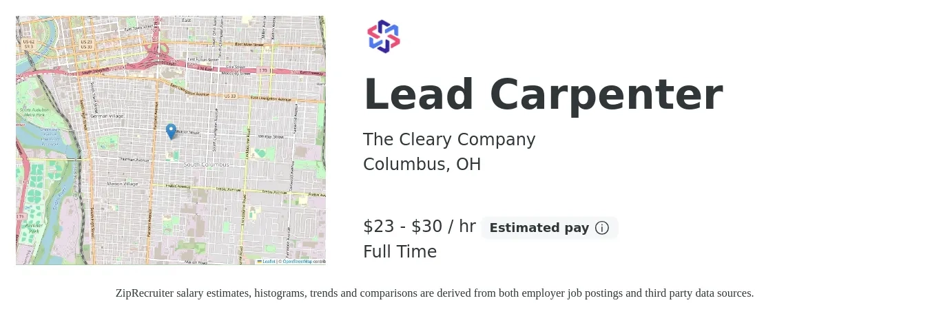 The Cleary Company job posting for a Lead Carpenter in Columbus, OH with a salary of $24 to $32 Hourly with a map of Columbus location.