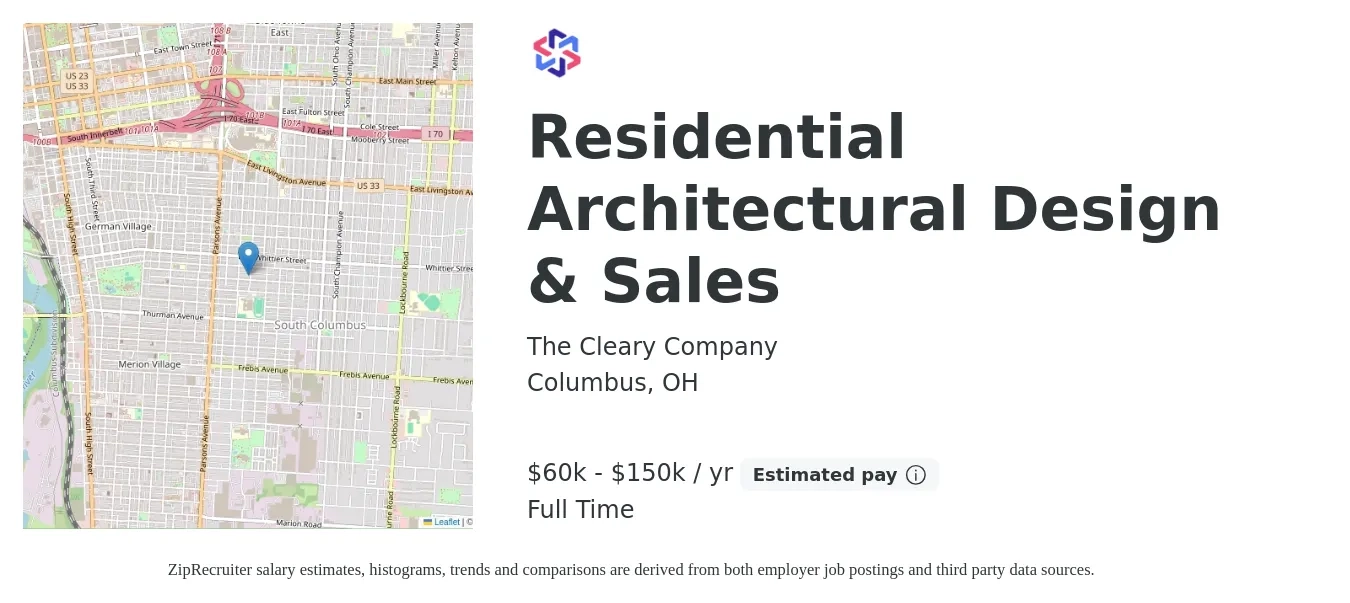 The Cleary Company job posting for a Residential Architectural Design & Sales in Columbus, OH with a salary of $60,000 to $150,000 Yearly with a map of Columbus location.