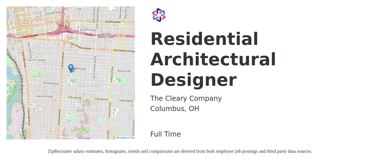The Cleary Company job posting for a Residential Architectural Designer in Columbus, OH with a salary of $53,500 to $75,700 Yearly with a map of Columbus location.