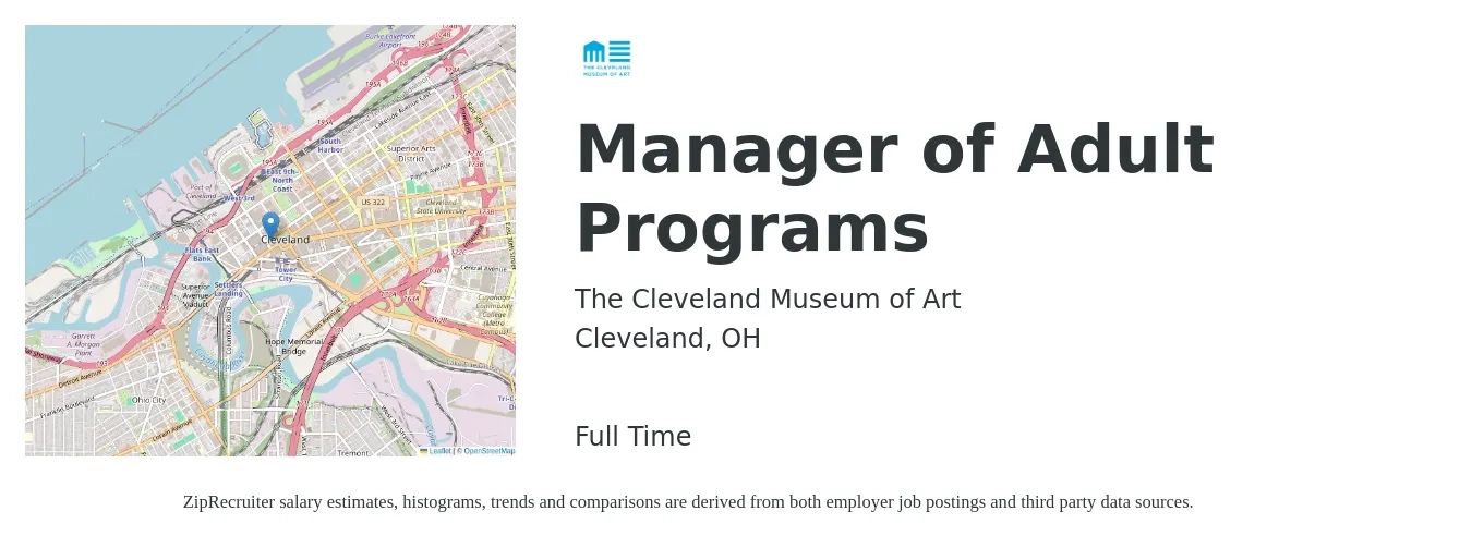 Cleveland Museum of Art job posting for a Manager of Adult Programs in Cleveland, OH with a salary of $18 to $22 Hourly with a map of Cleveland location.