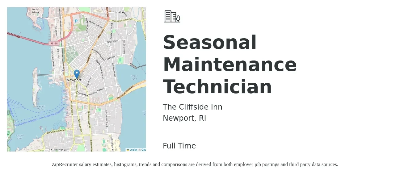 The Cliffside Inn job posting for a Seasonal Maintenance Technician in Newport, RI with a salary of $20 to $30 Hourly with a map of Newport location.
