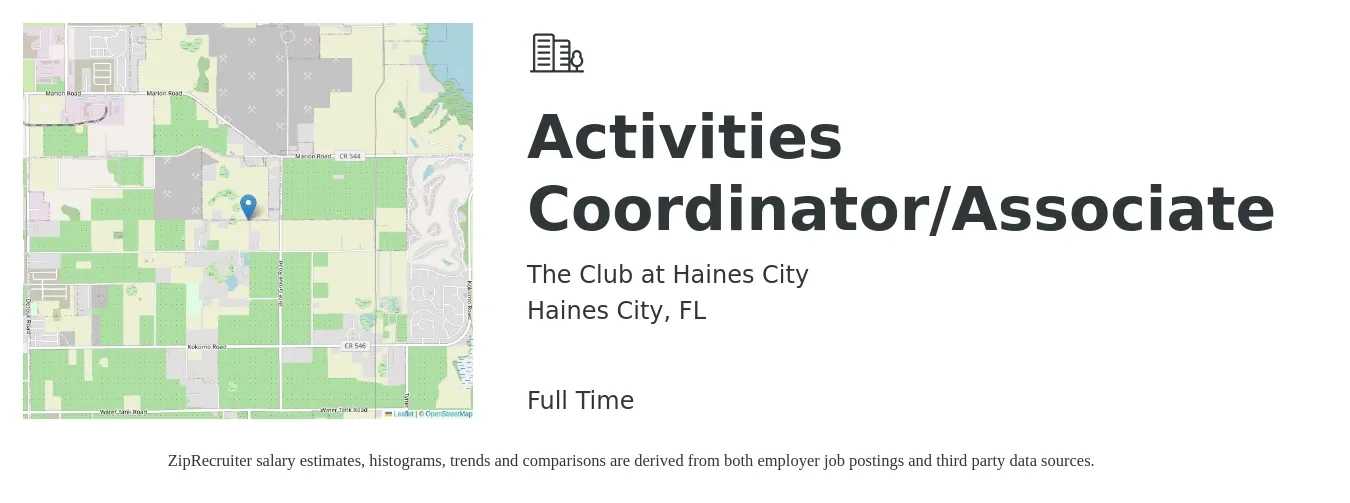 The Club at Haines City job posting for a Activities Coordinator/Associate in Haines City, FL with a salary of $14 to $18 Hourly with a map of Haines City location.