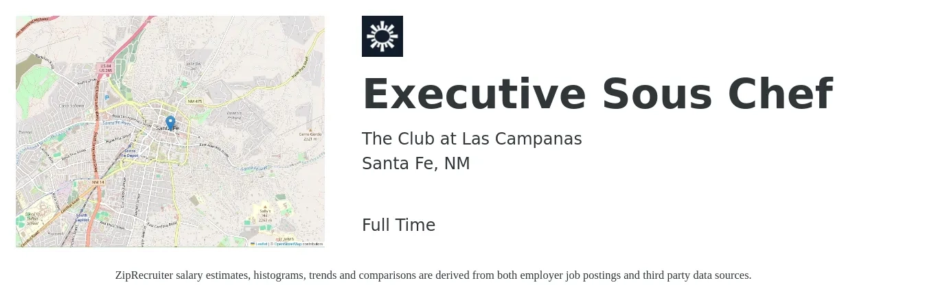 The Club at Las Campanas job posting for a Executive Sous Chef in Santa Fe, NM with a salary of $63,800 to $81,500 Yearly with a map of Santa Fe location.