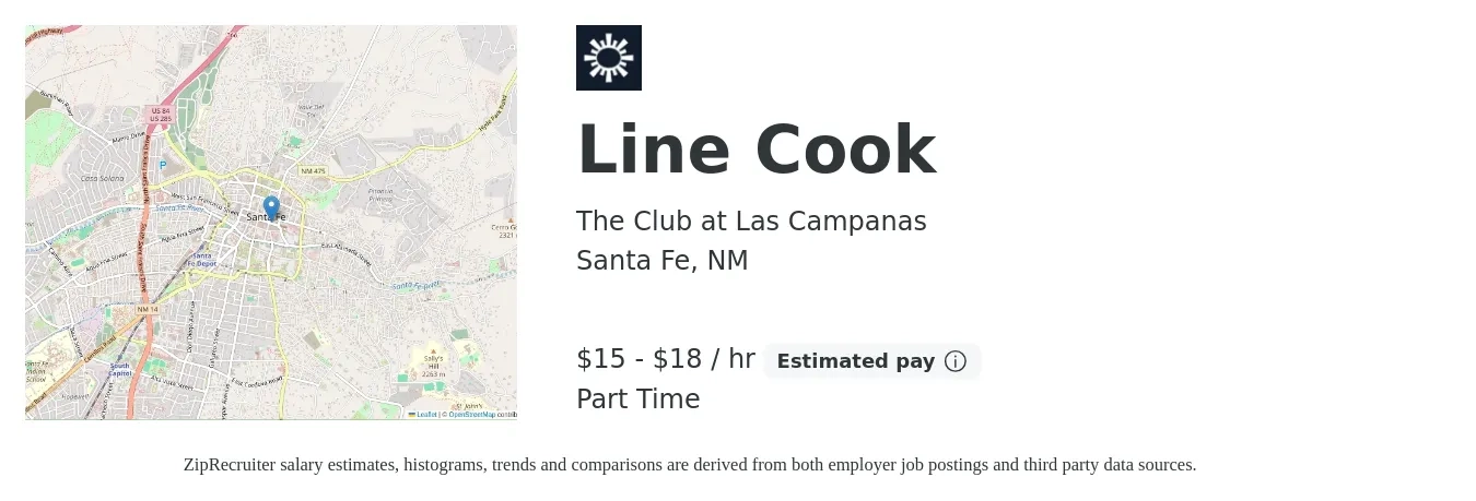 The Club at Las Campanas job posting for a Line Cook in Santa Fe, NM with a salary of $16 to $19 Hourly with a map of Santa Fe location.