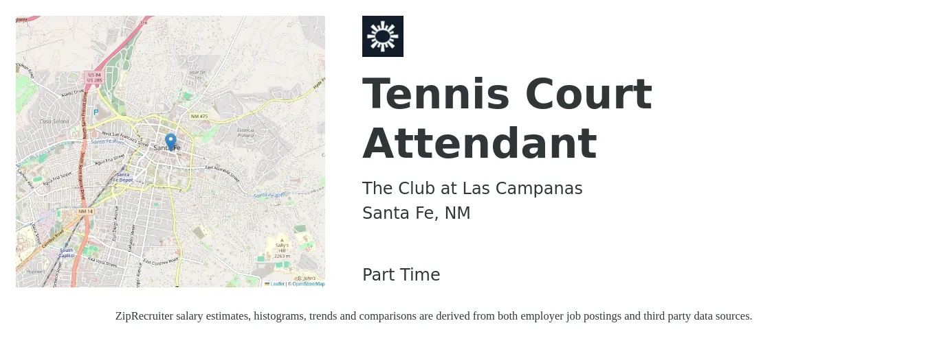 The Club at Las Campanas job posting for a Tennis Court Attendant in Santa Fe, NM with a salary of $15 to $26 Hourly with a map of Santa Fe location.