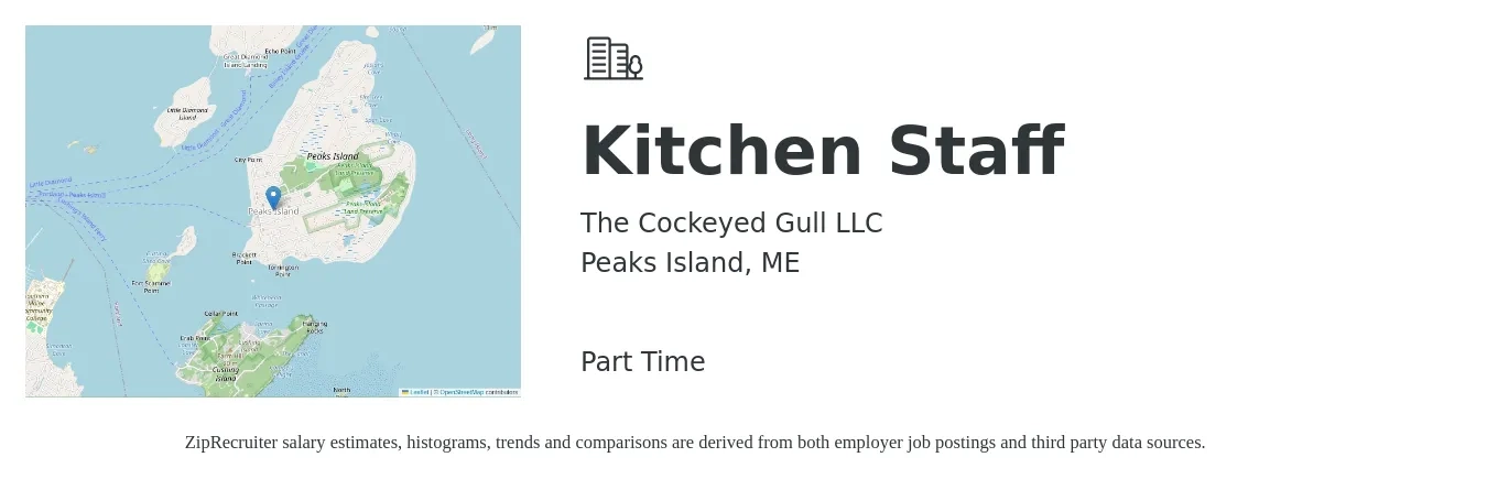 The Cockeyed Gull LLC job posting for a Kitchen Staff in Peaks Island, ME with a salary of $13 to $17 Hourly with a map of Peaks Island location.