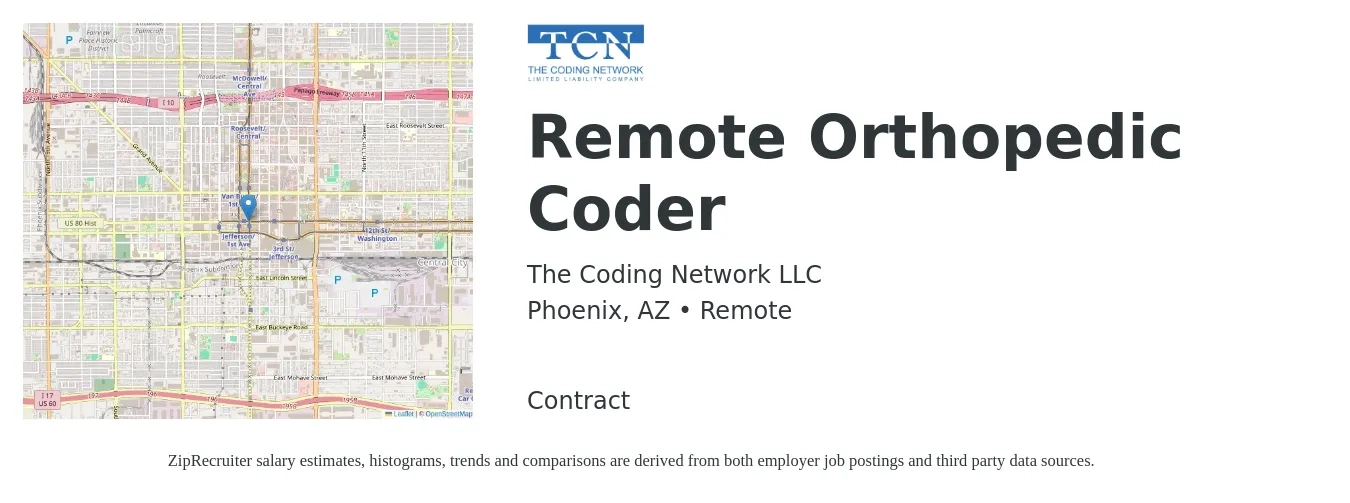 The Coding Network LLC job posting for a Remote Orthopedic Coder in Phoenix, AZ with a map of Phoenix location.