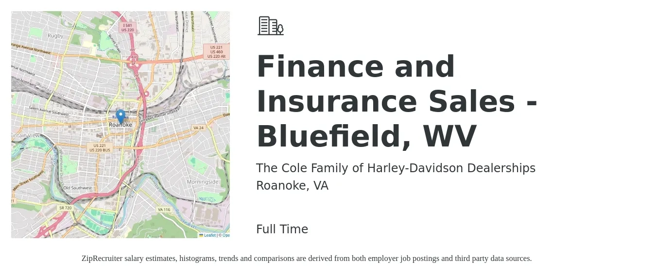 The Cole Family of Harley-Davidson Dealerships job posting for a Finance and Insurance Sales - Bluefield, WV in Roanoke, VA with a salary of $73,600 to $110,400 Yearly with a map of Roanoke location.