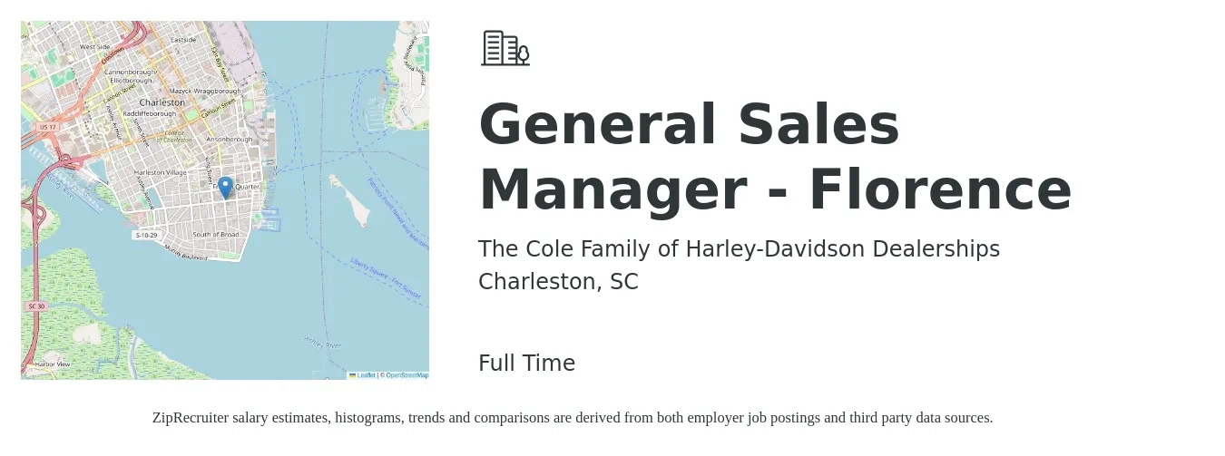 The Cole Family of Harley-Davidson Dealerships job posting for a General Sales Manager - Florence in Charleston, SC with a salary of $48,200 to $78,600 Yearly with a map of Charleston location.