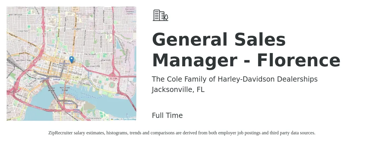 The Cole Family of Harley-Davidson Dealerships job posting for a General Sales Manager - Florence in Jacksonville, FL with a salary of $47,700 to $77,800 Yearly with a map of Jacksonville location.