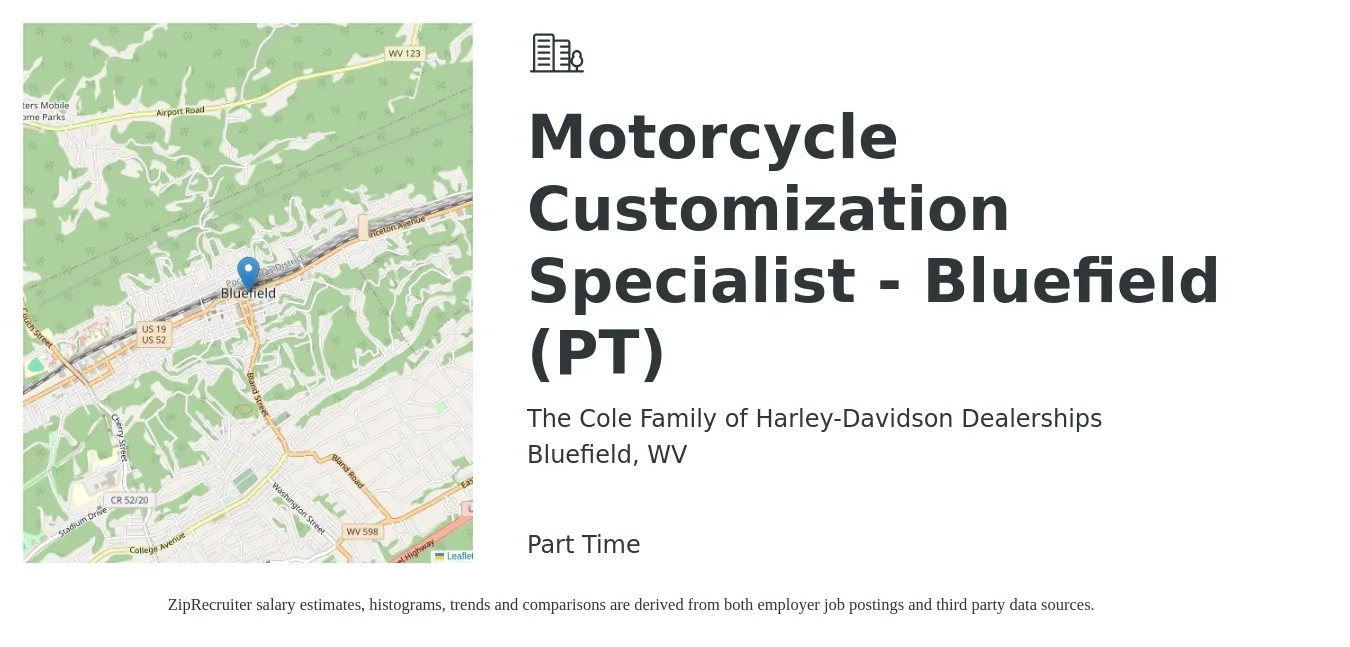 The Cole Family of Harley-Davidson Dealerships job posting for a Motorcycle Customization Specialist - Bluefield (PT) in Bluefield, WV with a salary of $15 to $24 Hourly with a map of Bluefield location.