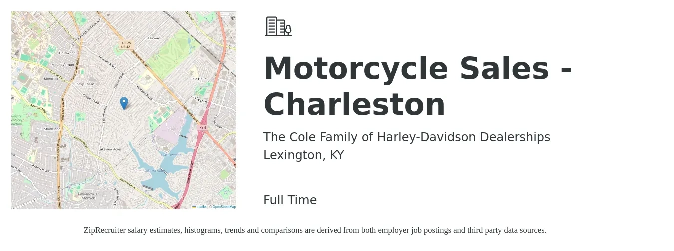 The Cole Family of Harley-Davidson Dealerships job posting for a Motorcycle Sales - Charleston in Lexington, KY with a salary of $16 to $25 Hourly with a map of Lexington location.