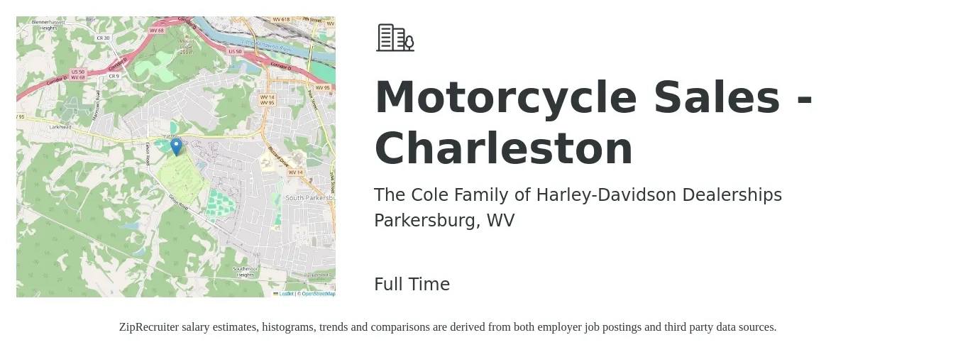 The Cole Family of Harley-Davidson Dealerships job posting for a Motorcycle Sales - Charleston in Parkersburg, WV with a salary of $16 to $24 Hourly with a map of Parkersburg location.