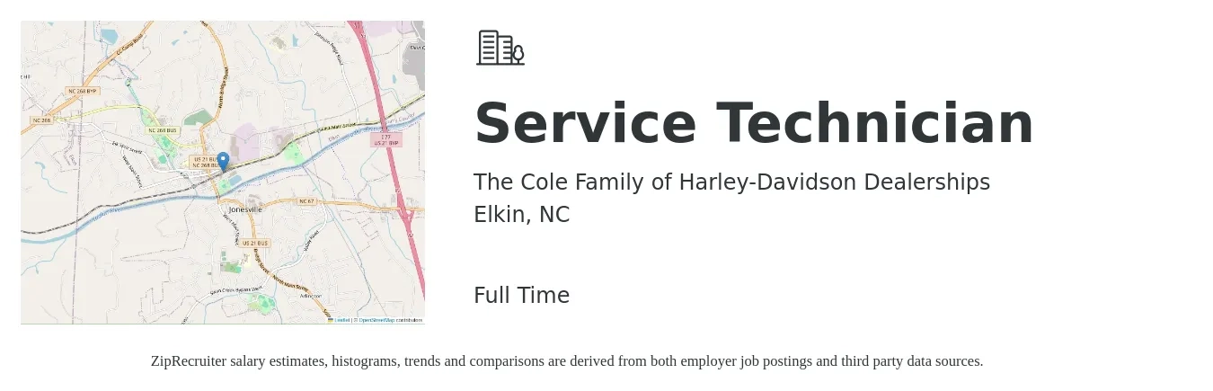 The Cole Family of Harley-Davidson Dealerships job posting for a Service Technician in Elkin, NC with a salary of $18 to $26 Hourly with a map of Elkin location.