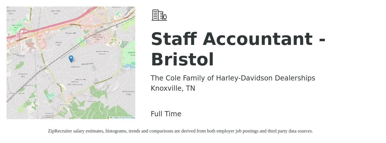 The Cole Family of Harley-Davidson Dealerships job posting for a Staff Accountant - Bristol in Knoxville, TN with a salary of $52,500 to $69,200 Yearly with a map of Knoxville location.