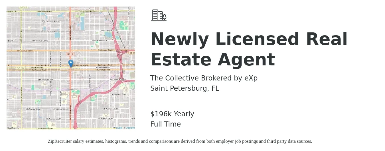 The Collective Brokered by eXp job posting for a Newly Licensed Real Estate Agent in Saint Petersburg, FL with a salary of $196,492 Yearly with a map of Saint Petersburg location.