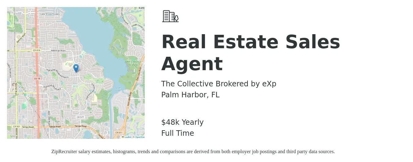 The Collective Brokered by eXp job posting for a Real Estate Sales Agent in Palm Harbor, FL with a salary of $48,227 Yearly with a map of Palm Harbor location.