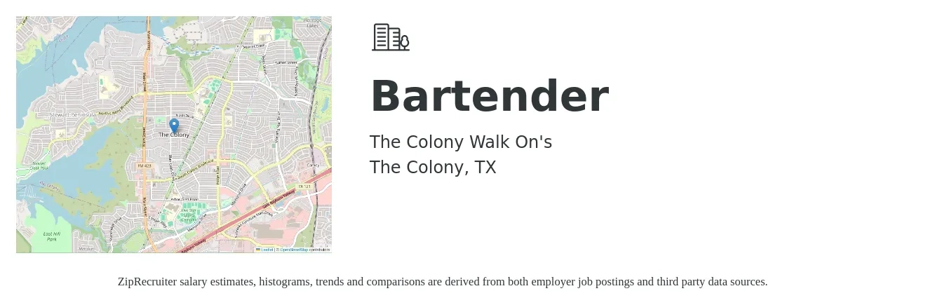 The Colony Walk On's job posting for a Bartender in The Colony, TX with a salary of $9 to $18 Hourly with a map of The Colony location.