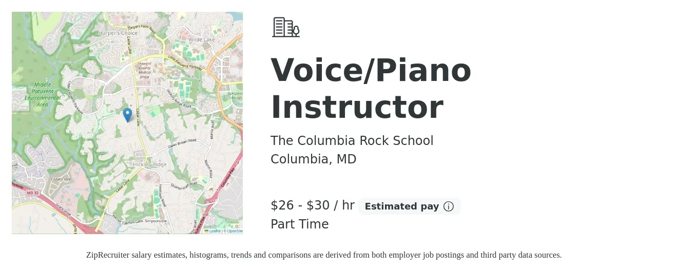 The Columbia Rock School job posting for a Voice/Piano Instructor in Columbia, MD with a salary of $28 to $32 Hourly with a map of Columbia location.