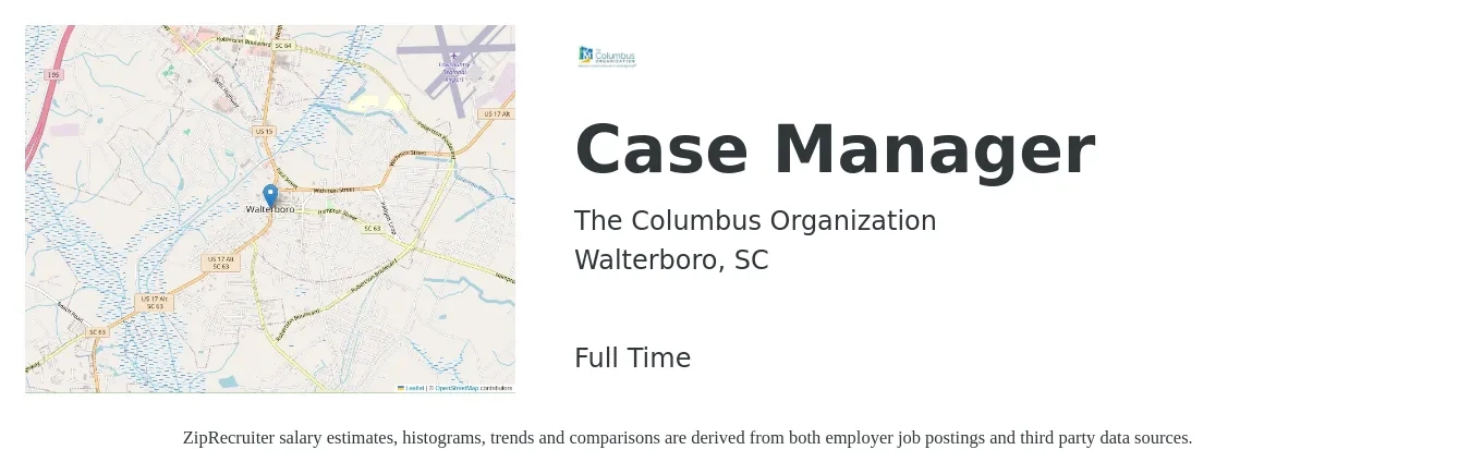 The Columbus Organization job posting for a Case Manager in Walterboro, SC with a salary of $17 to $22 Hourly with a map of Walterboro location.