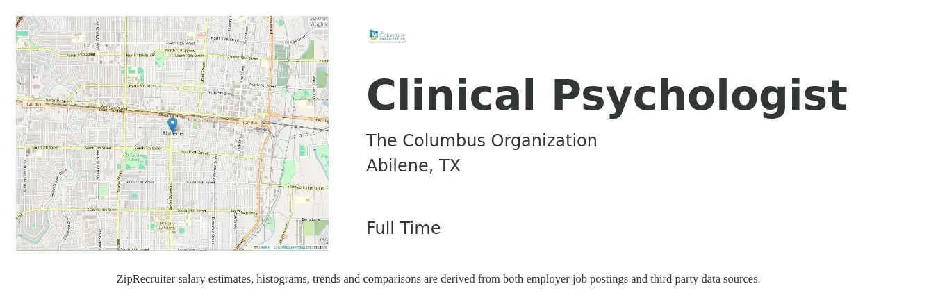 The Columbus Organization job posting for a Clinical Psychologist in Abilene, TX with a salary of $75,500 to $104,000 Yearly with a map of Abilene location.