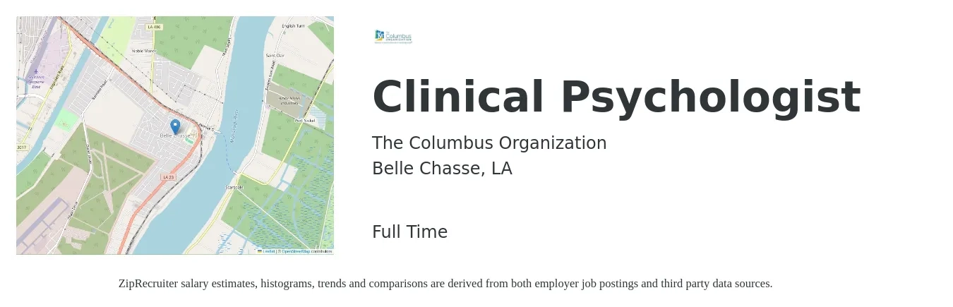 The Columbus Organization job posting for a Clinical Psychologist in Belle Chasse, LA with a salary of $84 to $94 Hourly with a map of Belle Chasse location.