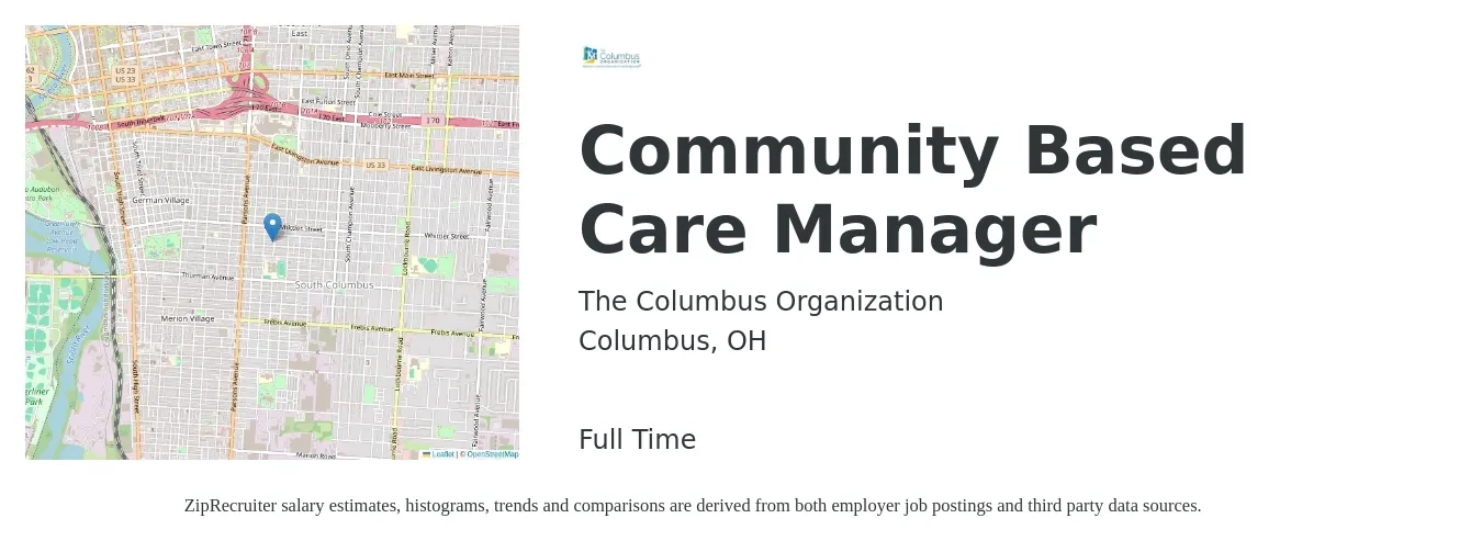 The Columbus Organization job posting for a Community Based Care Manager in Columbus, OH with a salary of $42,500 to $73,400 Yearly with a map of Columbus location.