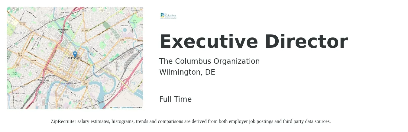 The Columbus Organization job posting for a Executive Director in Wilmington, DE with a salary of $65,500 to $121,300 Yearly with a map of Wilmington location.
