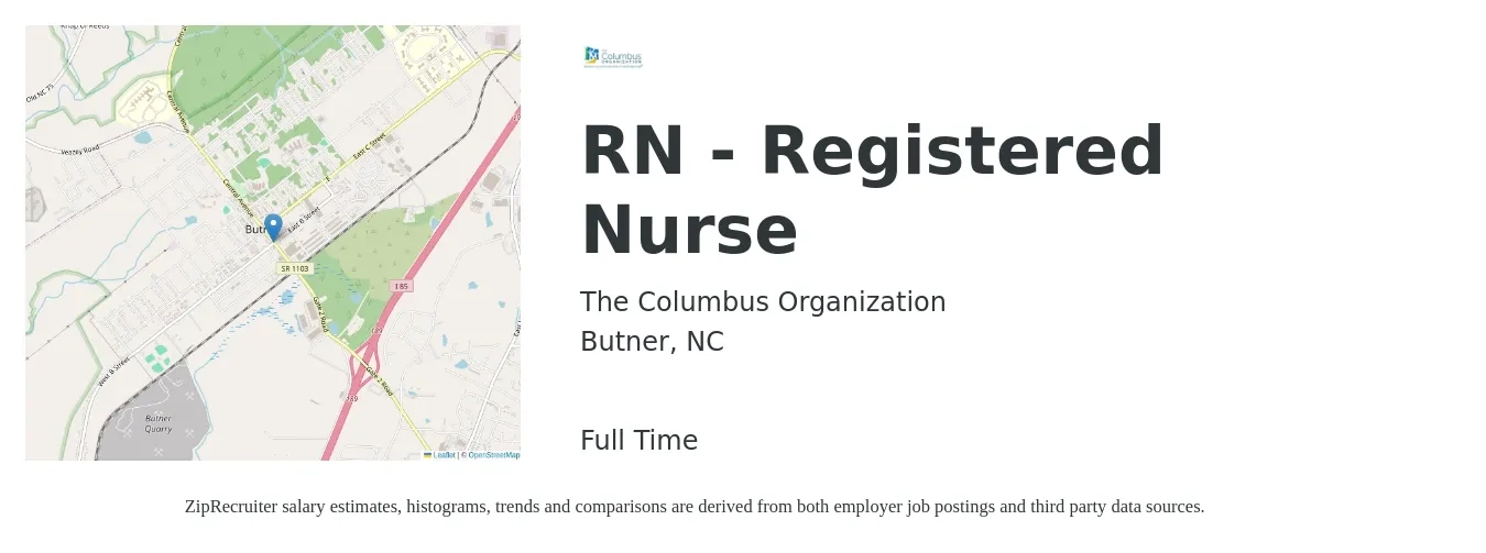 The Columbus Organization job posting for a RN - Registered Nurse in Butner, NC with a salary of $25 to $39 Hourly with a map of Butner location.